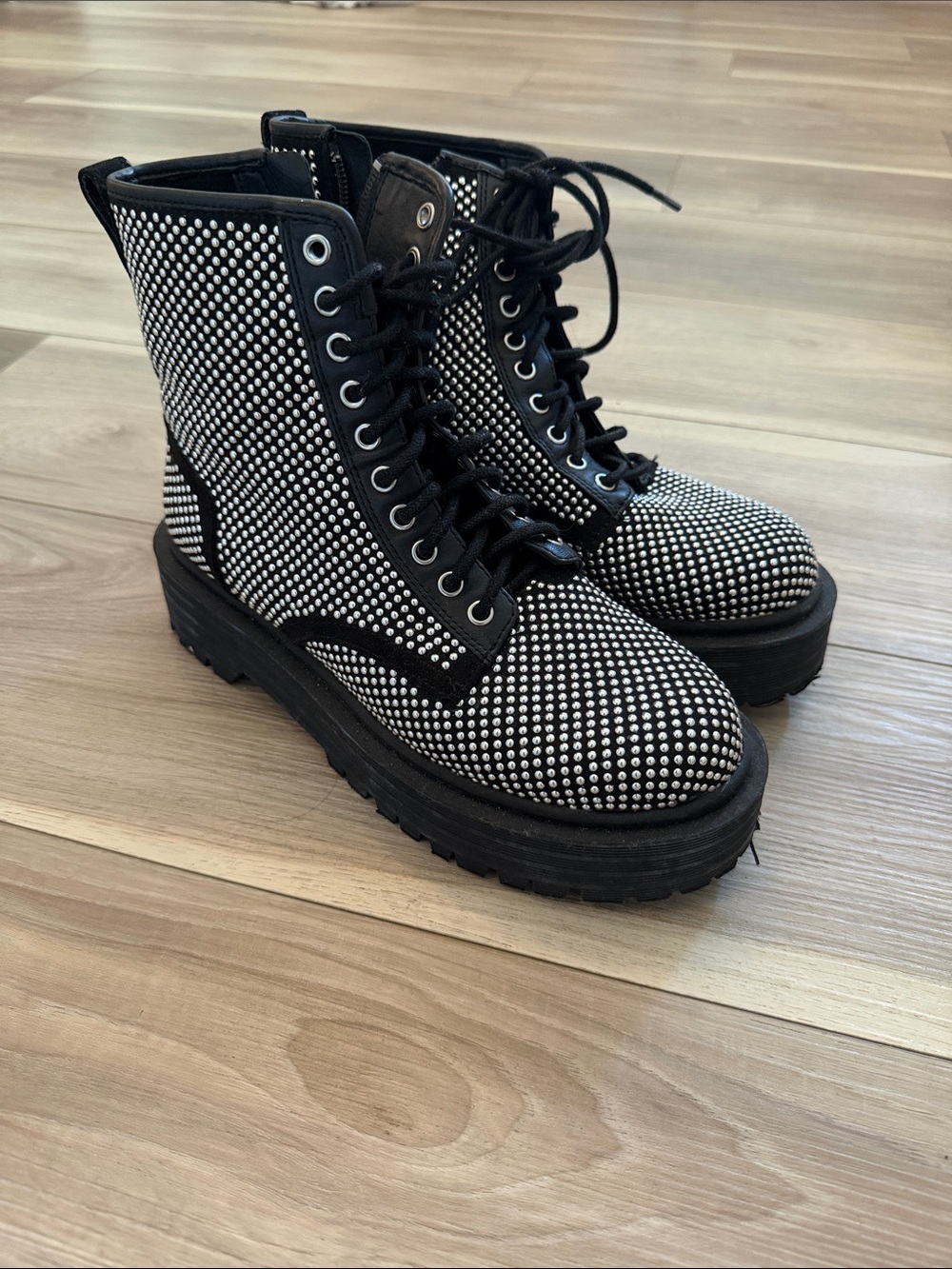 Studded Black and White Platform Lace-Up Boots